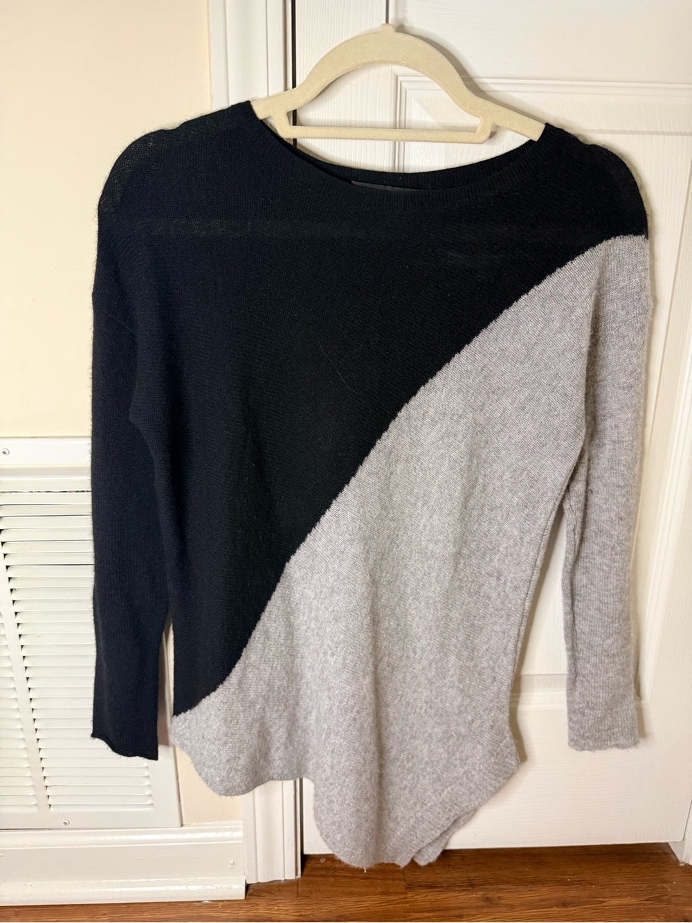 360 Cashmere Black and Light Gray Diagonal Colorblock Crewneck Sweater